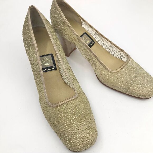 Nina Gold Glitter Sheer Side Square Toe Special Occasion Block Heel Shoes - Picture 2 of 15